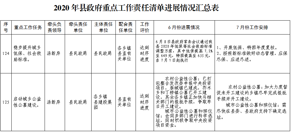 2020年县政府重点工作责任清单进展情况汇总表6月份