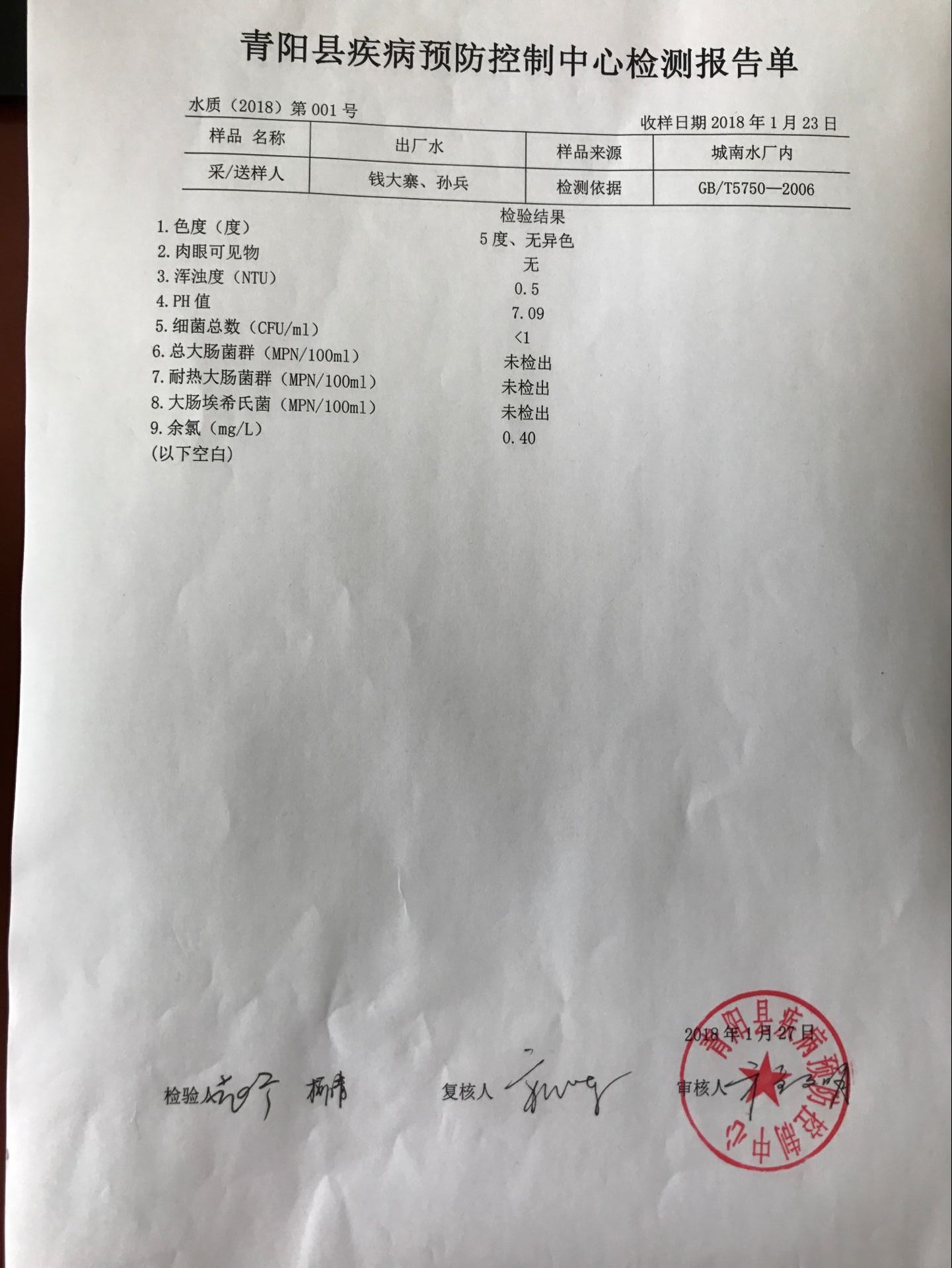 青阳县自来水出厂水检测报告